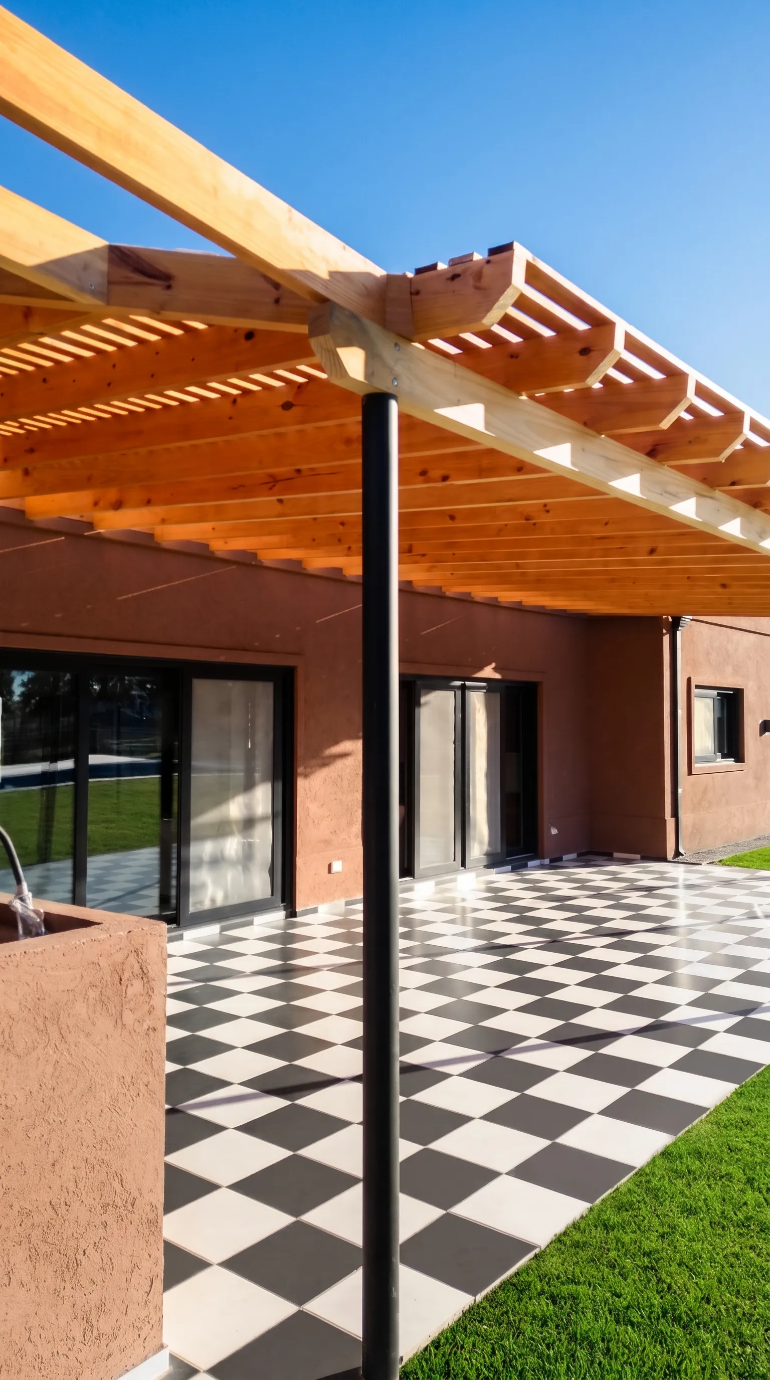Obra en madera a medida: galeria damero en Corredor Ruta 2 - DeMadera.com.ar